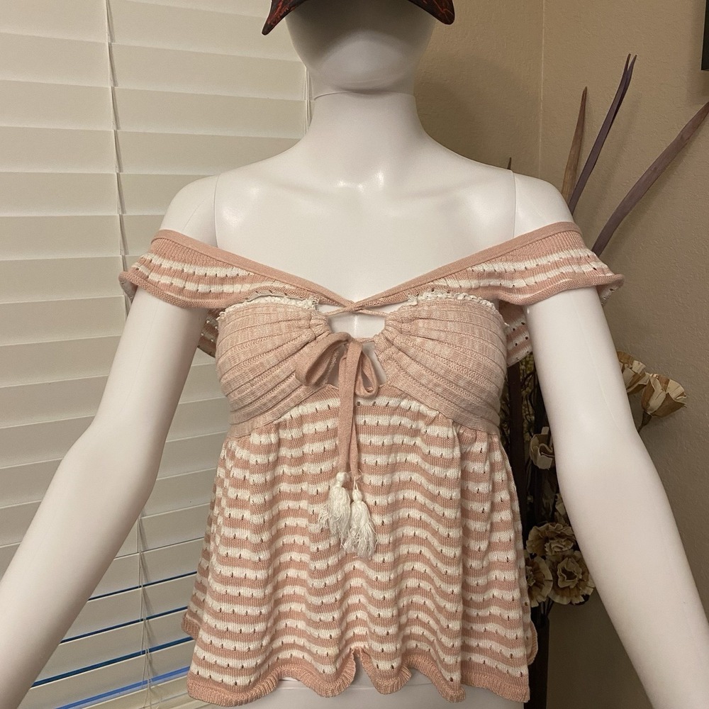 Free People Pink Stripe Knit Tank Top Tie Front Sleeveless Women's Medium